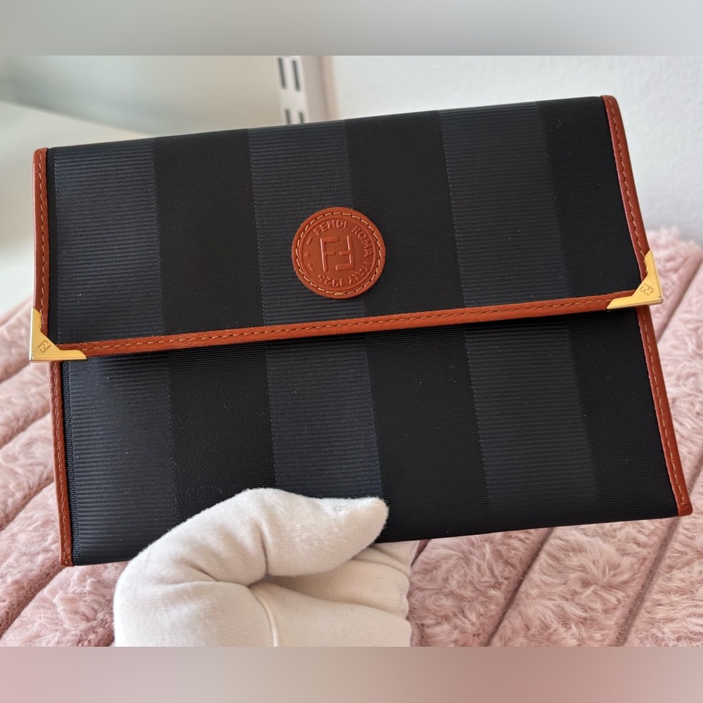 Vintage Fendi Pequin Striped Clutch leather gold accents excellent condition wow